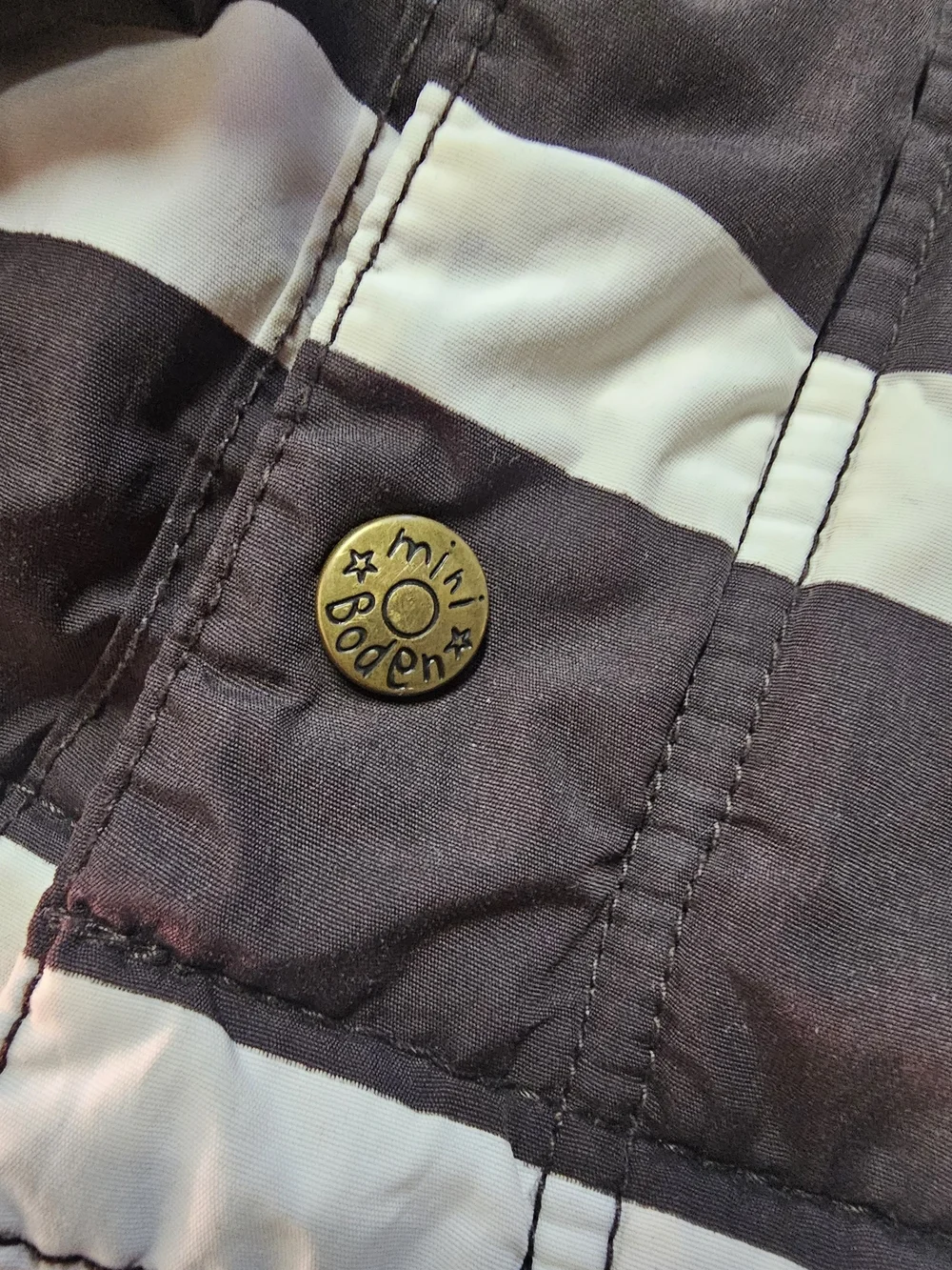 Boden Black & White Striped Puffer Jacket with Yellow Lining